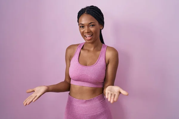 African American Woman Braids Wearing Sportswear Pink Background Smiling Cheerful — 图库照片