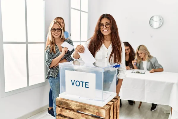 Group Young Voter Woman Smiling Happy Putting Vote Voting Box — Stock Photo, Image