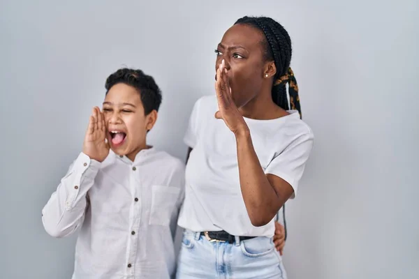 Young Mother Son Standing Together White Background Shouting Screaming Loud — Stok fotoğraf