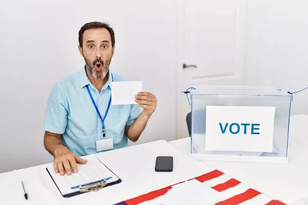 Middle Age Man Beard Voting Putting Envelop Ballot Box Scared — Stock Photo, Image