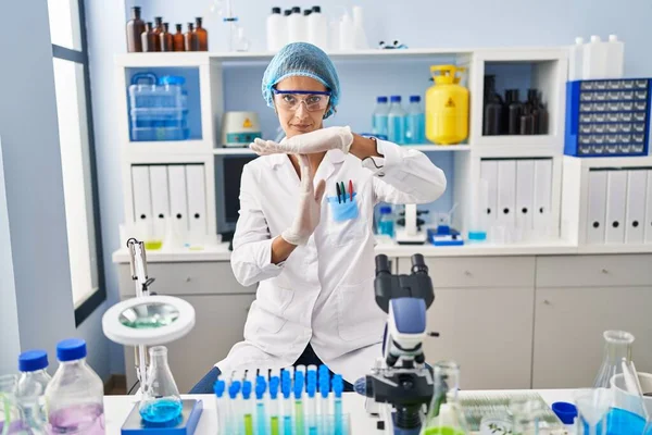 Brunette Woman Working Scientist Laboratory Doing Time Out Gesture Hands — Stock Photo, Image