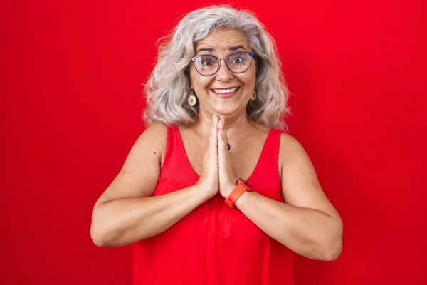 Middle Age Woman Grey Hair Standing Red Background Praying Hands — Stock Photo, Image