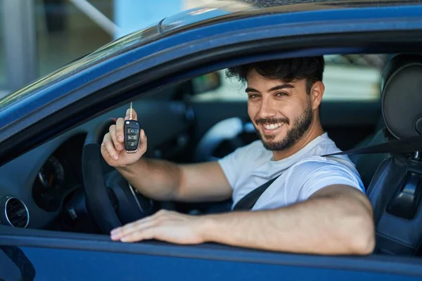 Young Hispanic Man Smiling Confident Holding Key New Car Street — Stock Fotó