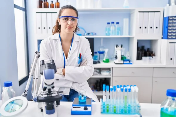 Young Hispanic Woman Working Scientist Laboratory Skeptic Nervous Disapproving Expression — Fotografia de Stock