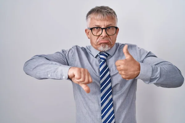 Hispanic Business Man Grey Hair Wearing Glasses Doing Thumbs Disagreement — Stock Photo, Image