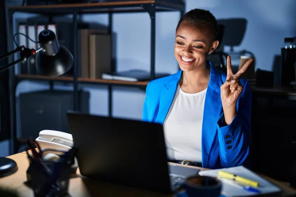 Beautiful African American Woman Working Office Night Smiling Happy Face — Stock Photo, Image