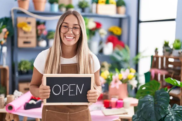 Young Blonde Woman Working Florist Holding Open Sign Smiling Laughing — Foto Stock