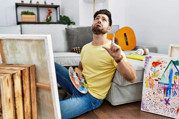 Young Man Beard Painting Canvas Home Pointing Looking Sad Upset — Stock Photo, Image