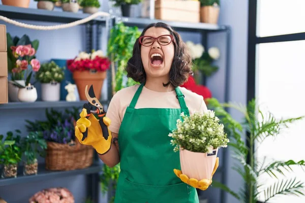 Young Hispanic Woman Working Florist Shop Angry Mad Screaming Frustrated — Stock Photo, Image