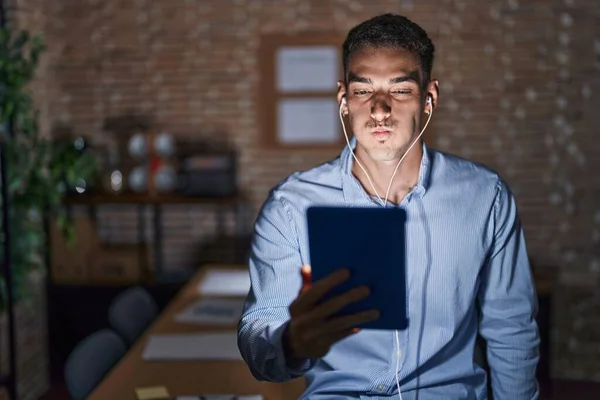 Handsome Hispanic Man Working Office Night Puffing Cheeks Funny Face — Stock Photo, Image