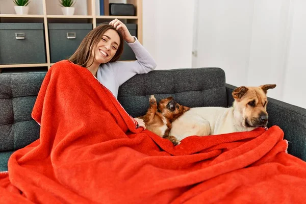 Young Hispanic Woman Covering Blanket Sitting Sofa Dogs Home — Photo