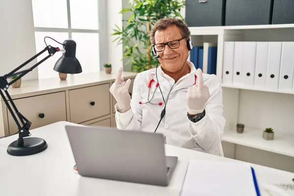 Senior Doctor Man Working Online Appointment Showing Middle Finger Doing — Stock Photo, Image