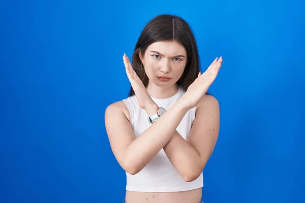 Young Caucasian Woman Standing Blue Background Rejection Expression Crossing Arms — Stock Photo, Image