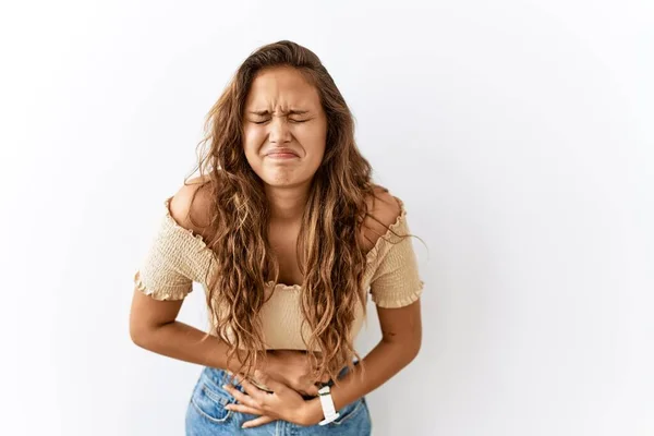 Schöne Hispanische Frau Steht Über Isoliert Während Hintergrund Mit Der — Stockfoto