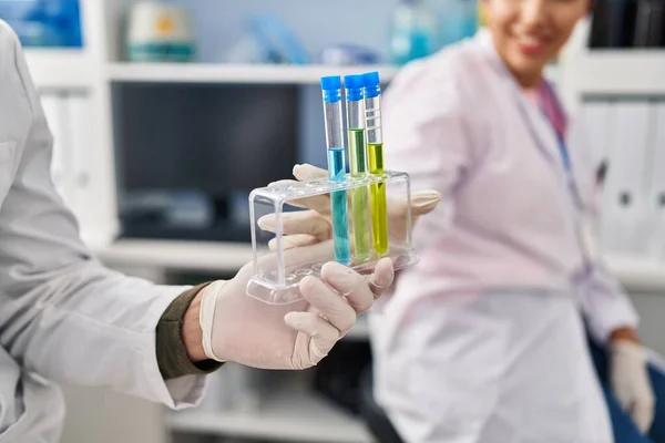 Man Woman Scientists Partners Holding Test Tubes Laboratory — Fotografia de Stock