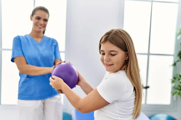 Woman Girl Physiotherapist Patient Having Rehab Session Using Ball Physiotherapy — Stockfoto
