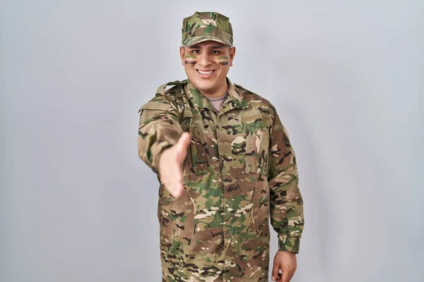 Hispanic Young Man Wearing Camouflage Army Uniform Smiling Friendly Offering — Stock Photo, Image