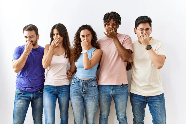 Group Young People Standing Together Isolated Background Smelling Something Stinky — Foto de Stock