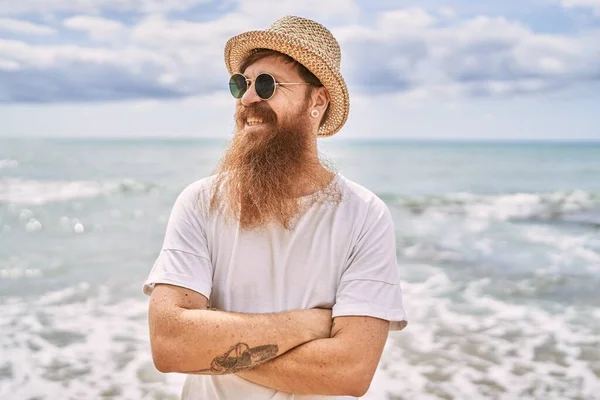 Young Redhead Tourist Man Smiling Happy Standing Arms Crossed Gesture — Fotografia de Stock