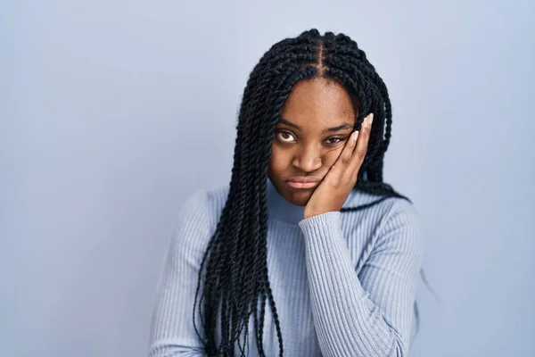 African American Woman Standing Blue Background Thinking Looking Tired Bored — Photo