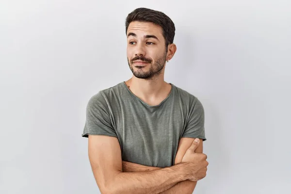 Young Hispanic Man Beard Wearing Casual Shirt White Background Smiling — Stok fotoğraf