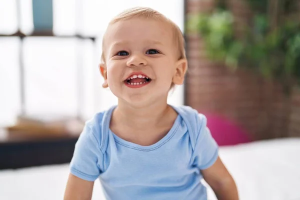 Adorable Toddler Smiling Confident Lying Bed Bedroom — ストック写真