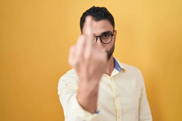 Hispanic Young Man Wearing Business Clothes Glasses Showing Middle Finger — Φωτογραφία Αρχείου
