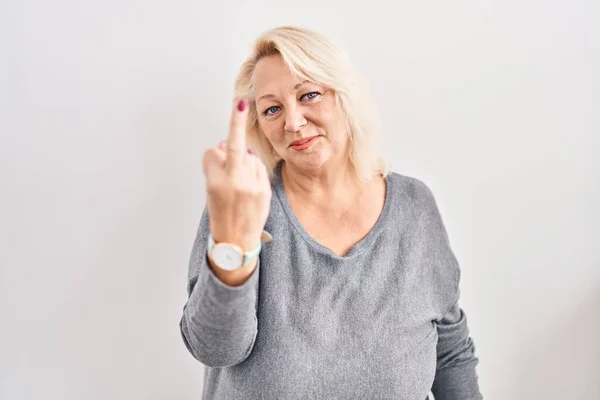 Middle Age Caucasian Woman Standing White Background Showing Middle Finger — 图库照片