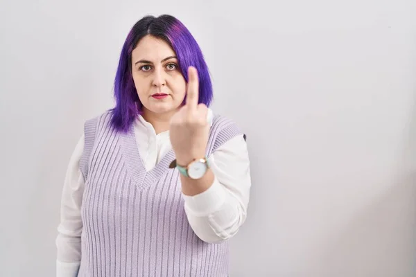 Size Woman Wit Purple Hair Standing White Background Showing Middle — стоковое фото