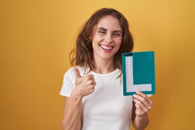 Güzel esmer bir kadın tutuyor. Yeni sürücü için imza atıyorum. Mutlu ve olumlu gülümsüyor. 