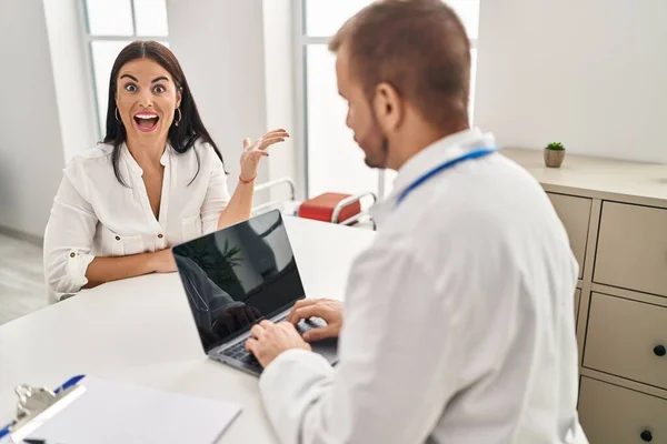 Young Hispanic Woman Doctor Celebrating Victory Happy Smile Winner Expression — Stockfoto