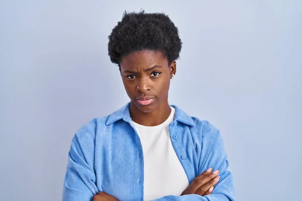African American Woman Standing Blue Background Skeptic Nervous Disapproving Expression — Stock Photo, Image