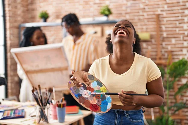 Young Black Painter Woman Art Studio Holding Palette Smiling Laughing — Foto de Stock