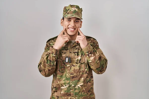 Young Arab Man Wearing Camouflage Army Uniform Smiling Open Mouth — Stok fotoğraf