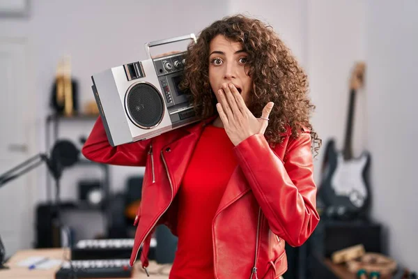 Hispanic Woman Curly Hair Holding Boombox Listening Music Covering Mouth — Stock Photo, Image