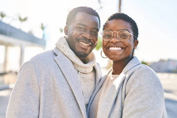 Man Woman Couple Smiling Confident Standing Together Street — стоковое фото