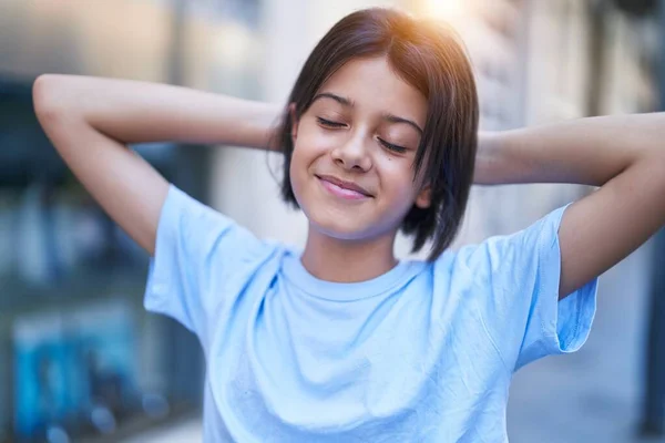 Adorable Hispanic Girl Smiling Confident Relaxed Hands Head Closed Eyes — Stock Photo, Image