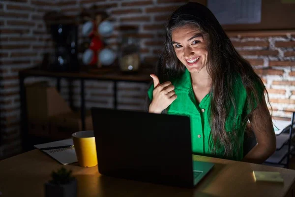 Young Teenager Girl Working Office Night Doing Happy Thumbs Gesture — Stockfoto