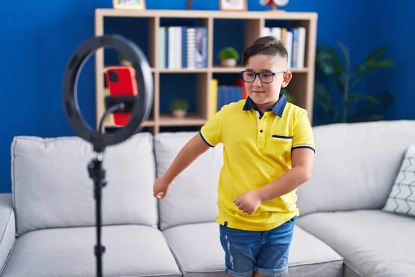 Adorable Hispanic Boy Recording Video Dancing Home — Stock Photo, Image