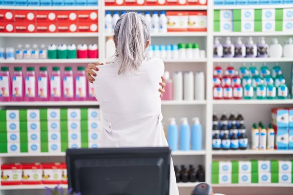 Middle Age Woman Tattoos Working Pharmacy Drugstore Hugging Oneself Happy — Stock Photo, Image