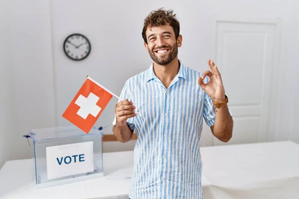 Young Handsome Man Political Campaign Election Holding Switzerland Flag Doing — Stock Photo, Image