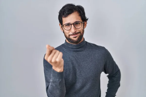 Handsome Latin Man Standing Isolated Background Doing Italian Gesture Hand — Stockfoto