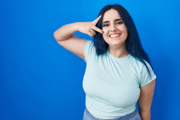 Young Modern Girl Blue Hair Standing Blue Background Doing Peace — Foto de Stock
