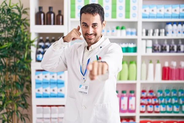 Handsome Hispanic Man Working Pharmacy Drugstore Smiling Doing Talking Telephone — Stockfoto