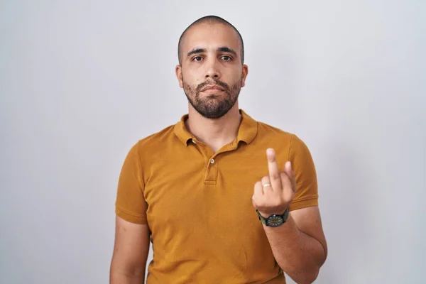 Hispanic Man Beard Standing White Background Showing Middle Finger Impolite — Stock fotografie