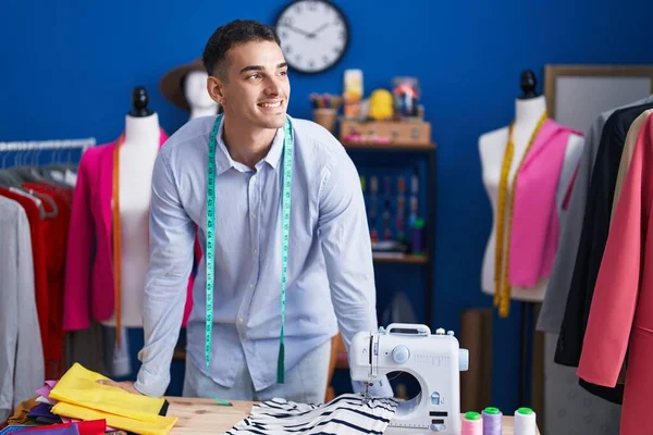 Young Hispanic Man Tailor Smiling Confident Standing Sewing Studio — Stok fotoğraf