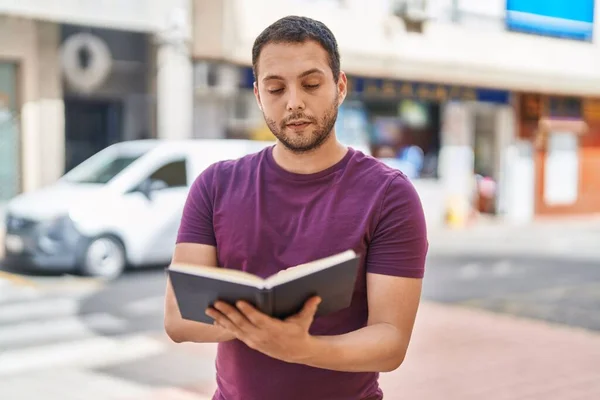 Young Man Reading Book Street — Stok fotoğraf