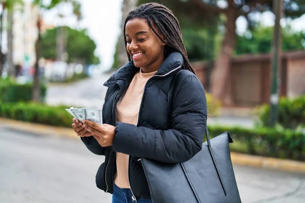 African American Woman Smiling Confident Counting Dollars Street — Φωτογραφία Αρχείου