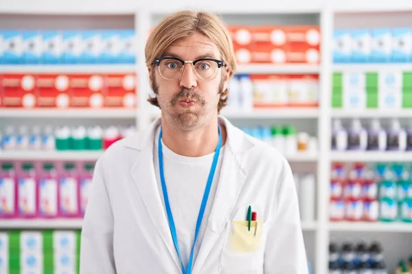 Caucasian Man Mustache Working Pharmacy Drugstore Puffing Cheeks Funny Face — Stock Photo, Image