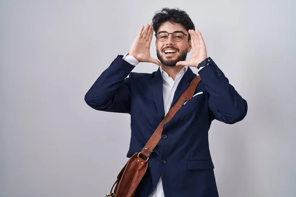 Hispanic Man Beard Wearing Business Clothes Smiling Cheerful Playing Peek — Φωτογραφία Αρχείου